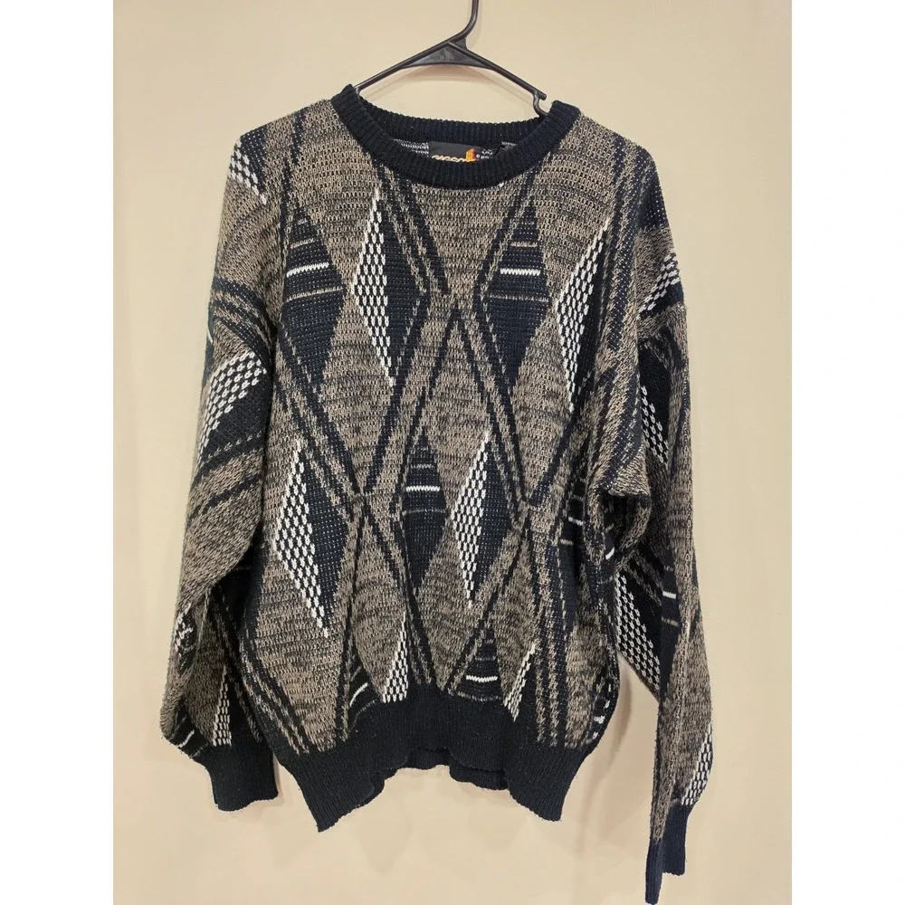 Vintage Sasson Geometric Knit Sweater Men's Large Streetwear Coogi Style Dadcore - Picture 1 of 3